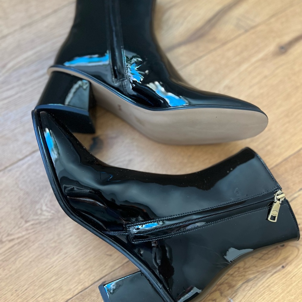 Brands New Black Patent Leather Heeled Boots with Chunky Heel.